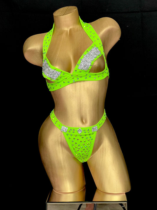 Two Pieces Set Green full rhinestone